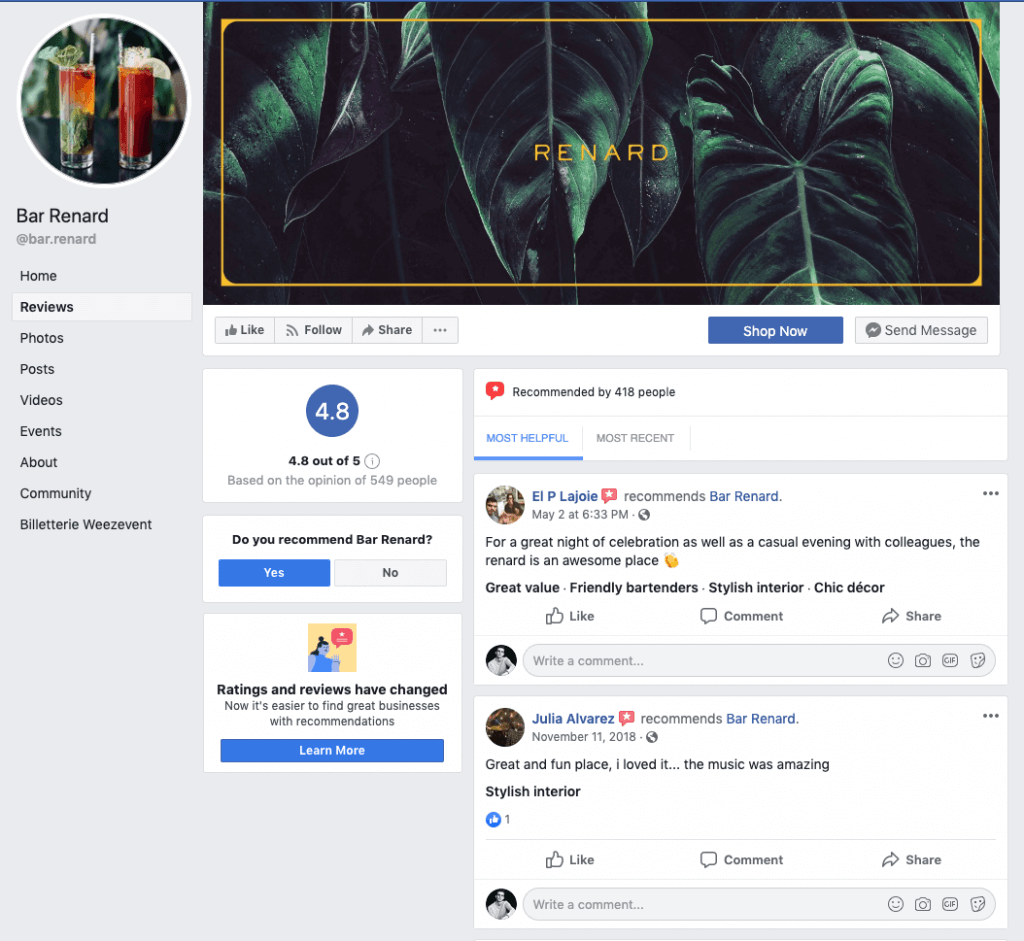 Avis laissé sur page Facebook Bar Renard